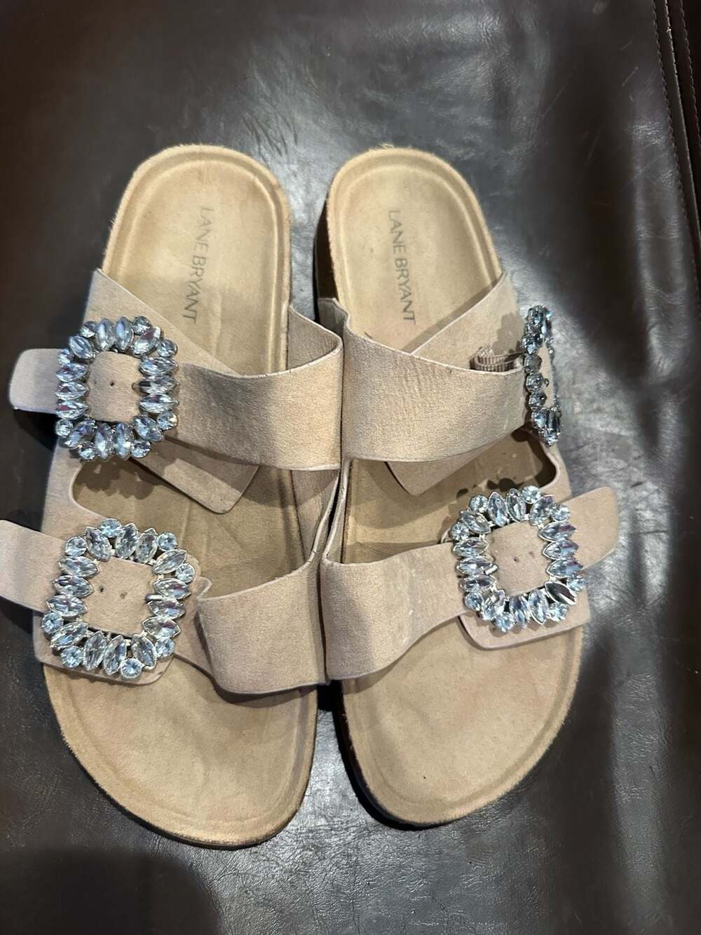 Lane Bryant Beige Suede Rhinestone Buckle Slide Sandals